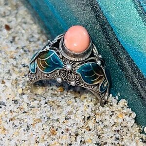 Vintage Pink Angel Skin Coral Cloisonné Butterfly 925 Sterling Silver Ring